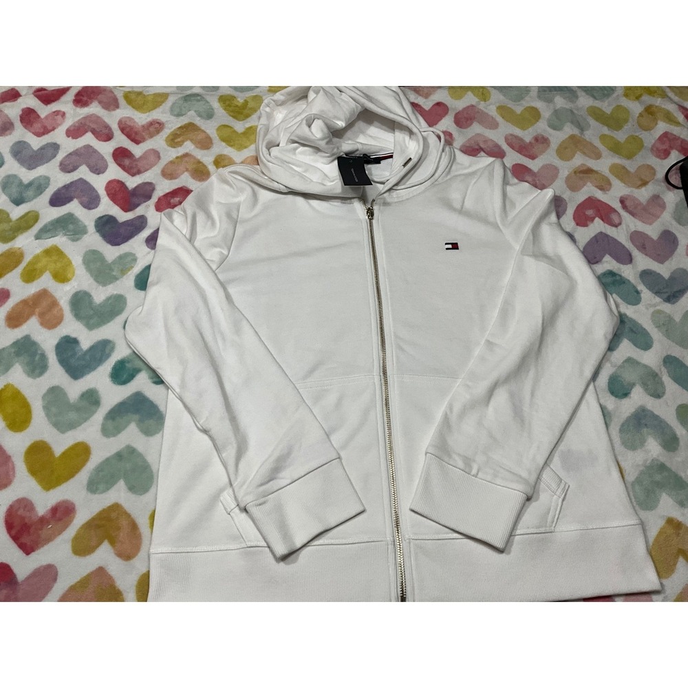 Tommy Hilfiger Womens Full Zip Hoodie White Small Logo Casual Comfort size L